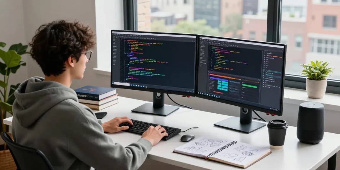 Developer working with dual monitors in a bright workspace at telegramin-cn.com, showcasing coding and design.