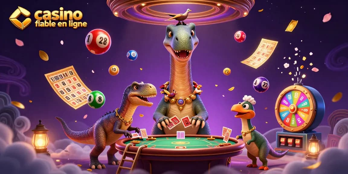 Vivez l'expérience du casino fiable en ligne avec une illustration dynamique de dinosaures jouant aux cartes sous un plafond de casino.