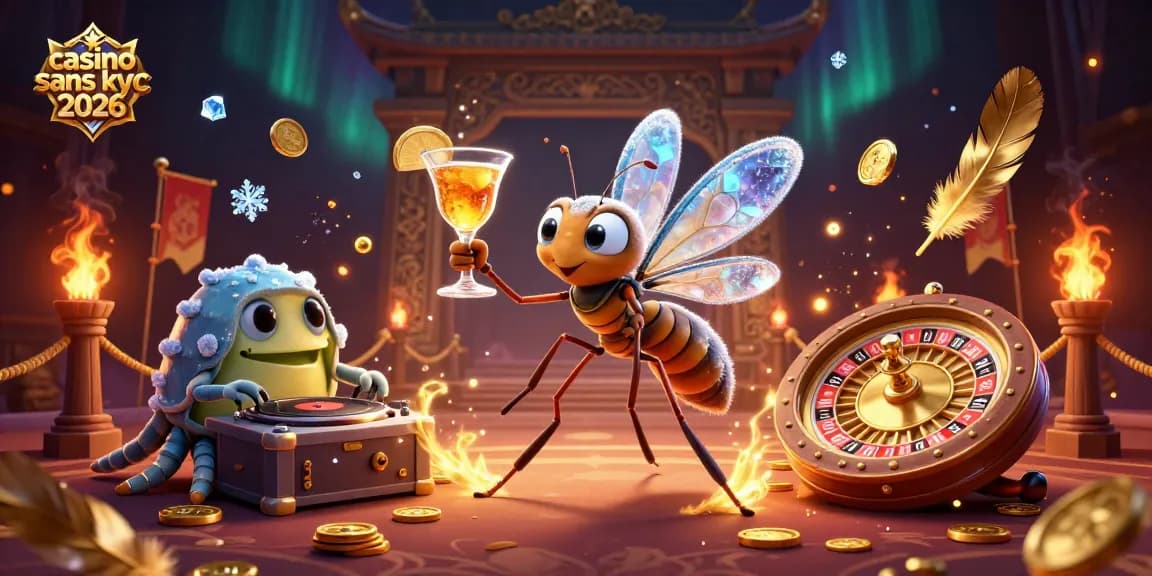 Jouez au casino sans KYC 2026 avec une ambiance animée de jeux et de personnages fascinants.