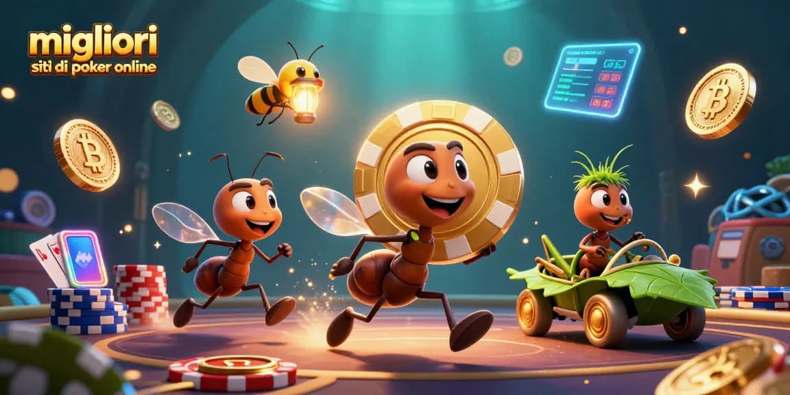 Scopri i migliori siti di poker online con una scena vivace di formiche che trasportano una chip dorata, circondate da elementi di gioco.