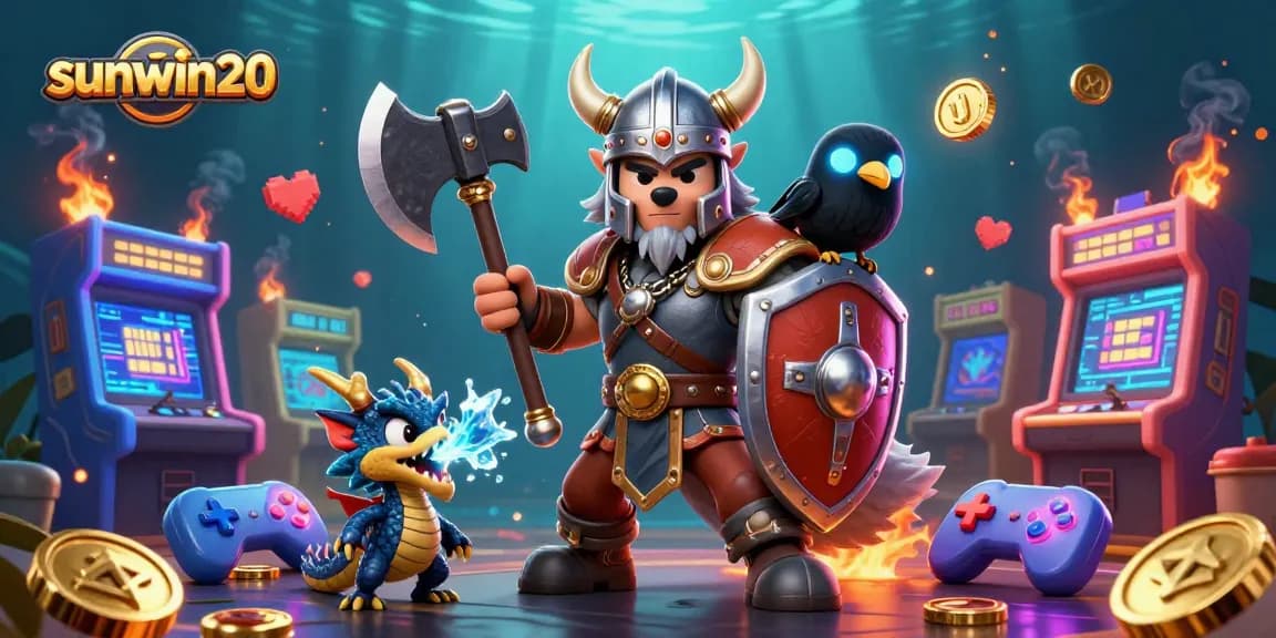 Engage with exciting gaming at sunwin20 featuring the Viking wolf warrior, dragon, and raven illustration.