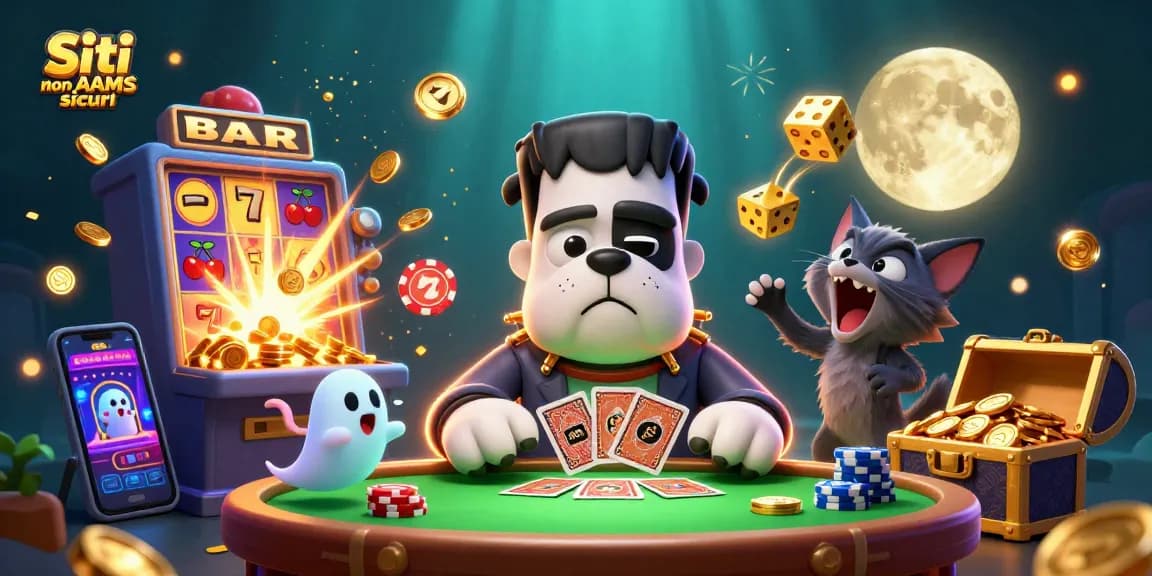 Siti non AAMS sicuri, divertiti con il bulldog Frankenstein che distribuisce carte in un casinò affascinante.
