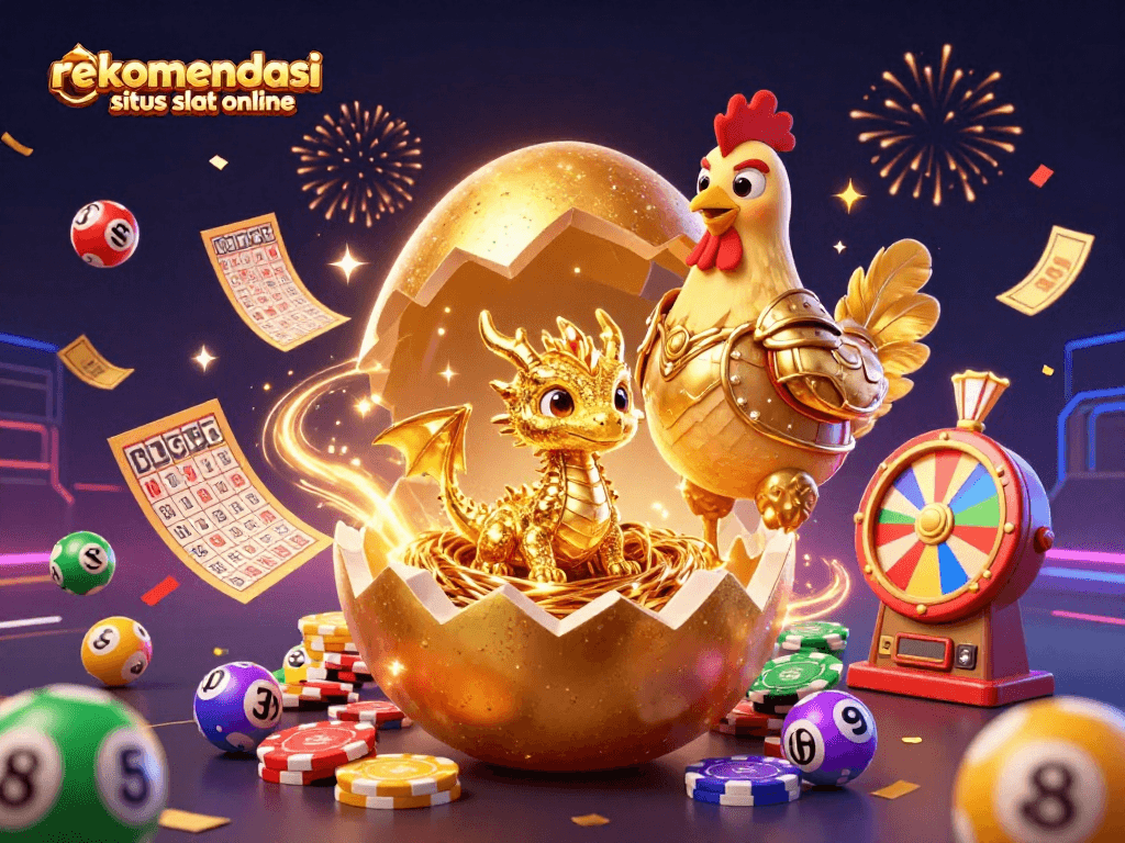 Rekomendasi situs slot online dengan ilustrasi 3D menampilkan naga emas yang terlahir dari telur, dikelilingi bola lotere berwarna.