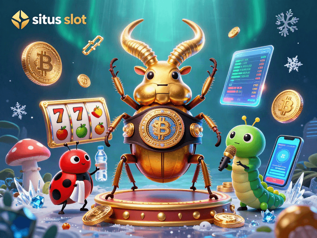 Experience situs slot action with a giant beetle boxer and vibrant crypto symbols in this dynamic 3D scene.
