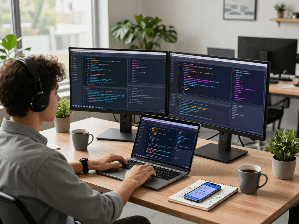 Engaged developer coding AI gf applications in modern tech workspace.