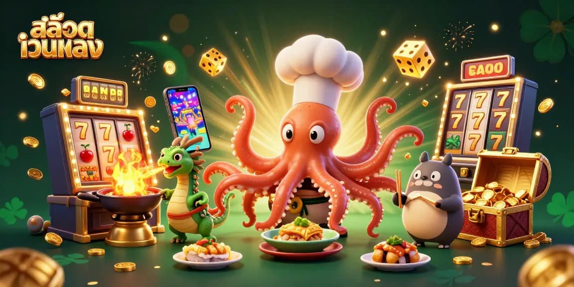 Engage with สล็อตเว็บตรง as a vibrant slot machine explodes with coins and characters celebrating wins.