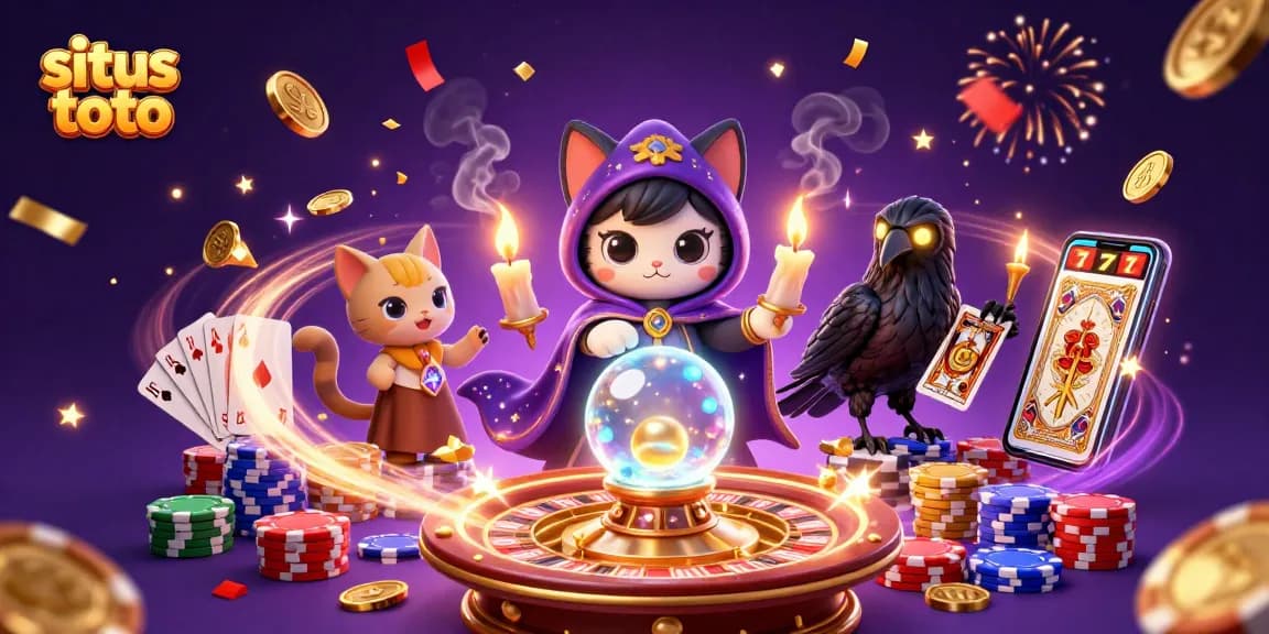 Spin the reels on situs toto with a fortune teller cat, glowing raven, and card games in a vibrant casino scene.