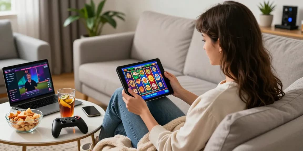 Engaging moment of raja328 daftar gaming experience at home with colorful slot game and cozy setup.
