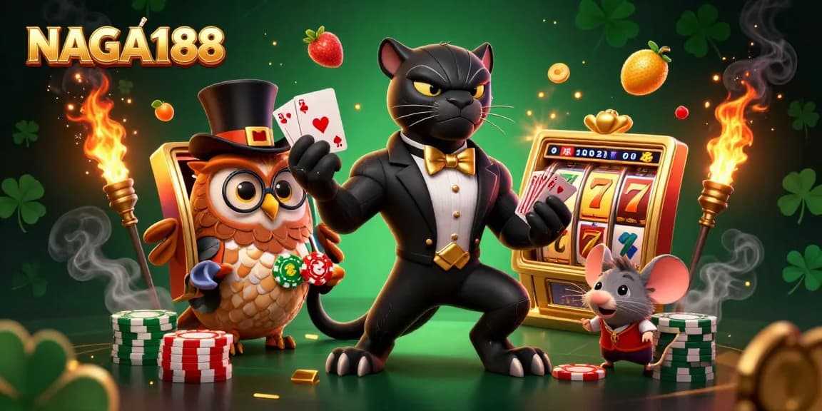 NAGA188 memulai permainan slot dengan karakter menghibur dan simbol keberuntungan di sekitar permainan.