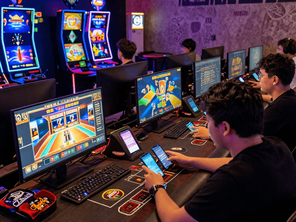 Engaged players enjoying daftar toto 4d games in an exciting online casino environment, showcasing dynamic graphics and community interaction.