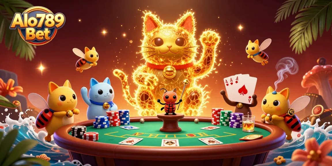 Alo789 Bet unleashes casino excitement with a golden lucky cat and dynamic gameplay elements.