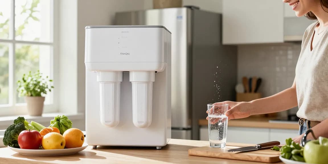 Filterlogic DA29-00003G Refrigerator Water Filter displayed in a bright kitchen, with a person filling a glass of water, showcasing healthy lifestyle.