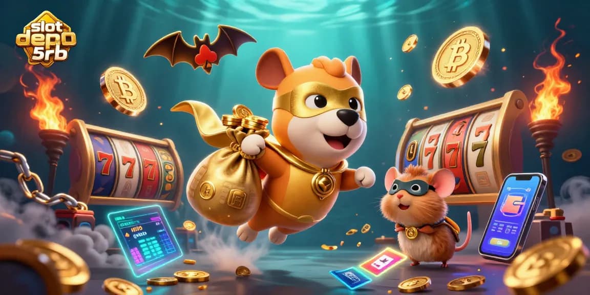Experience excitement with slot depo 5rb as our hero dog collects gold coins in a vibrant casino.