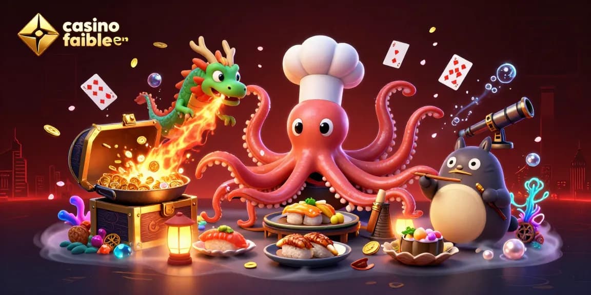 Jouer au casino fiable en ligne avec un octopus sushi, un dragon et un client en tanuki entourés de trésors marins.