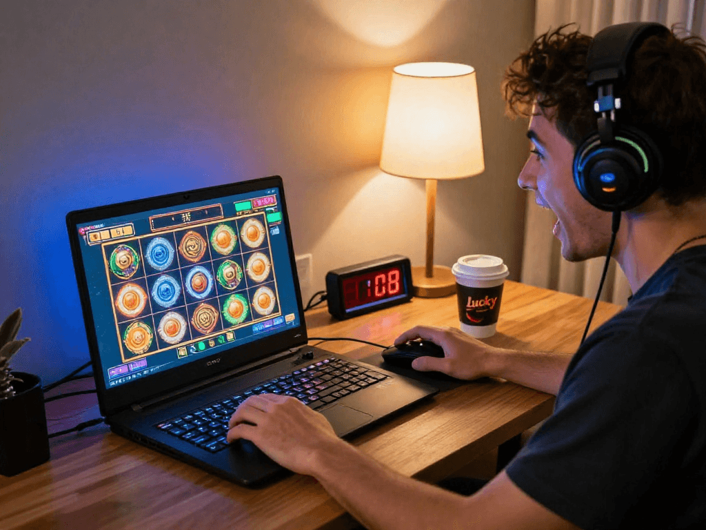 Player engaged in online slots at home, exploring agen gacor gaming features with excitement.