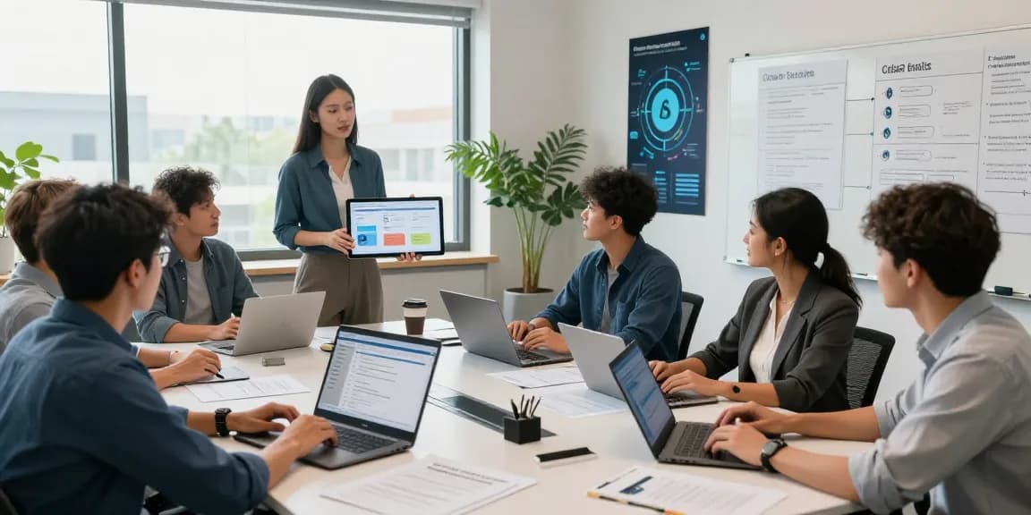 Team of IT professionals discussing cyber essentials compliance metrics in a modern office environment.