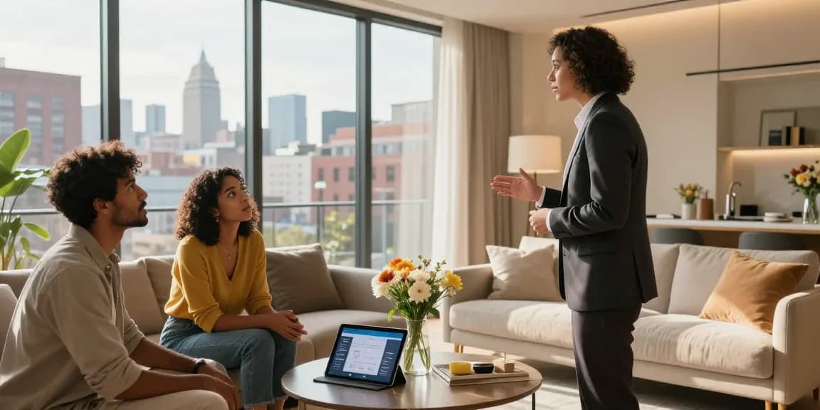 Real estate agent showcasing modern apartment at coventryat7.co.uk, highlighting urban living charm.