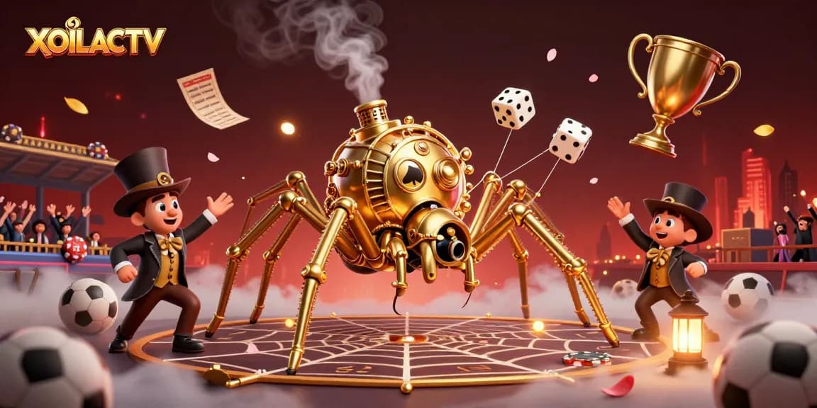 Catch the thrilling action of XOILACTV as a steampunk spider spins its web with golden chains and poker chip nodes.