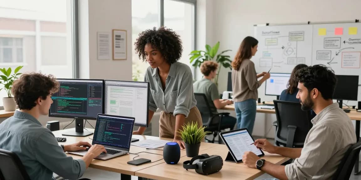 Team collaborating on AI assistant development in a modern workspace, showcasing technology integration and teamwork.