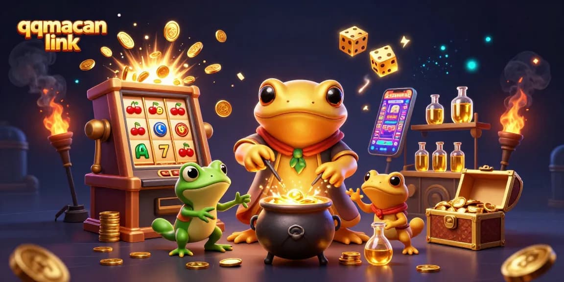 Experience the excitement of the qqmacan link in an illustrated 3D casino scene filled with vibrant game elements.