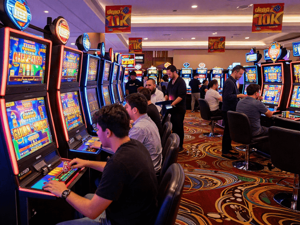 Players enjoying slot depo 10k gaming experience on vibrant casino floor
