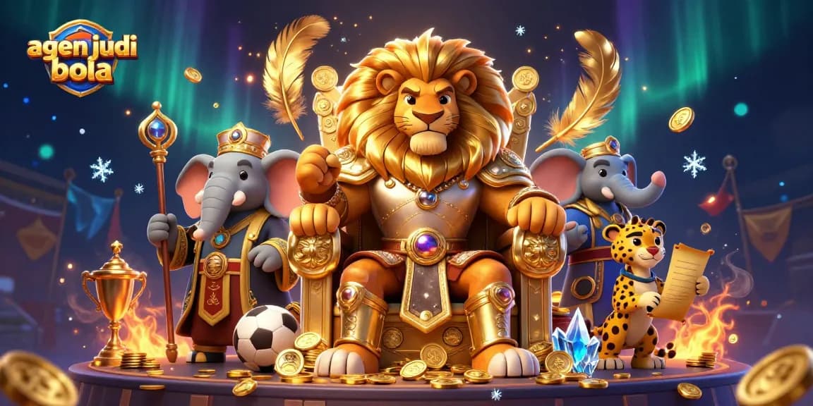 Bet on agen judi bola with excitement, featuring a royal lion king and dynamic sports elements in a vibrant 3D scene.