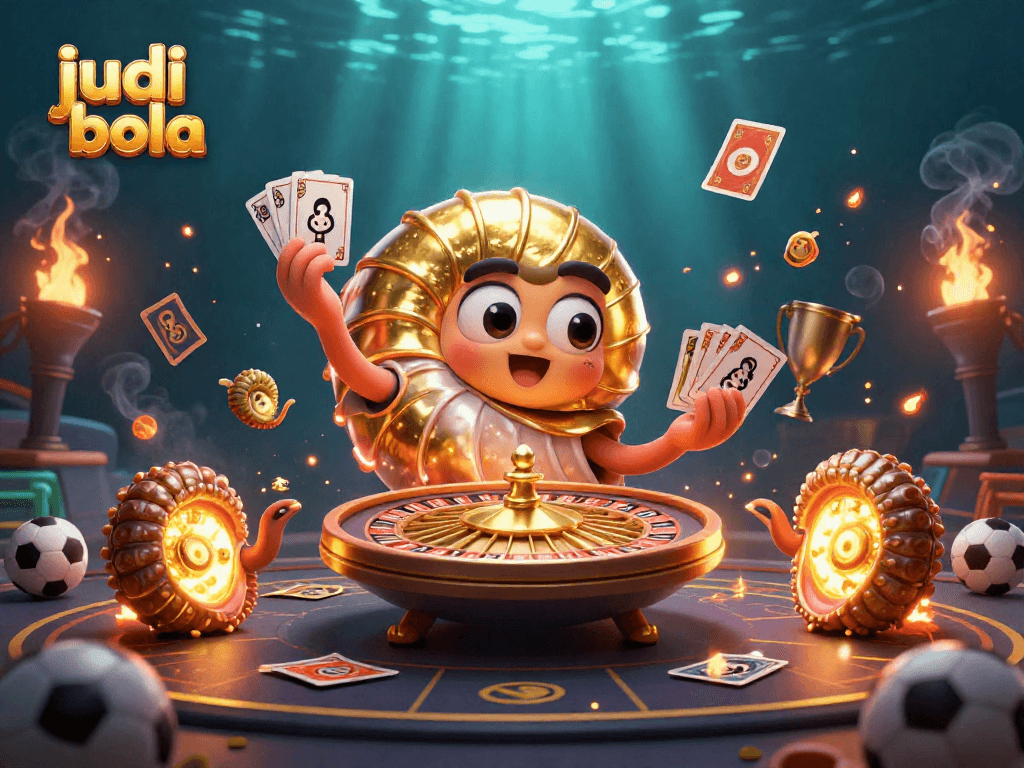 Engage in judi bola with vibrant visuals featuring a nautilus roulette wheel and colorful stadium elements.