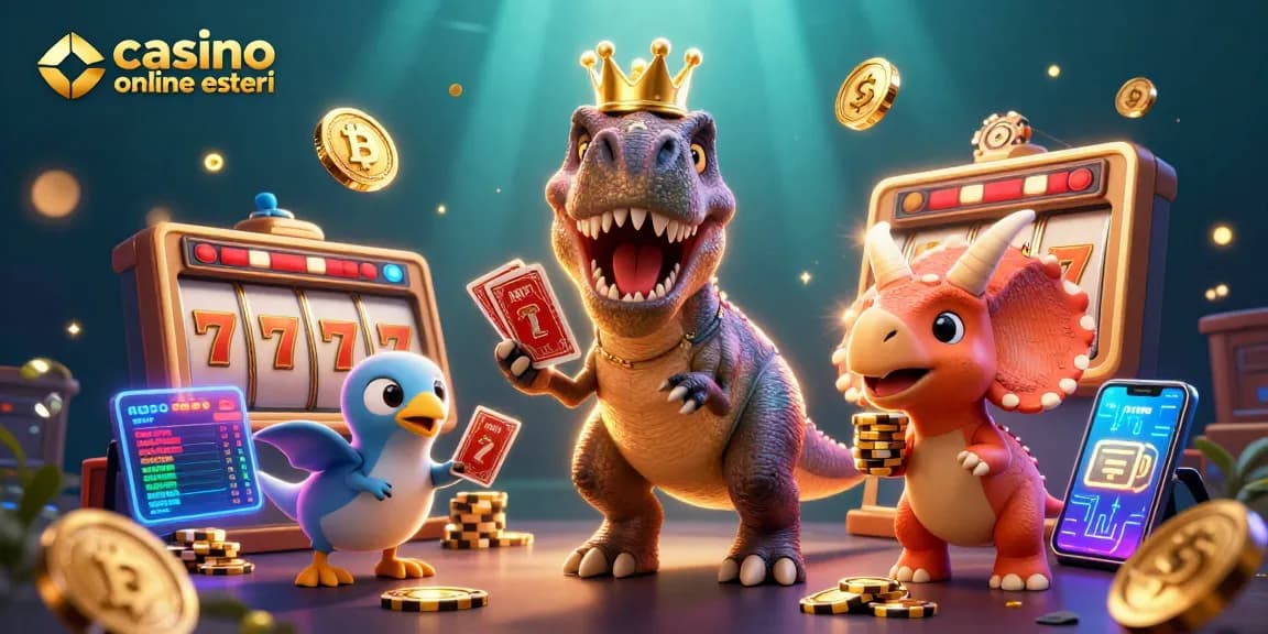Giocando ai giochi da casino online esteri, un T-Rex e un pterodattilo si divertono tra slot machine e monete criptate.