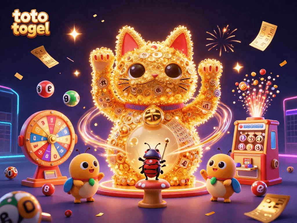 Experience the excitement of toto togel with vibrant lottery elements and a lucky cat illustration.