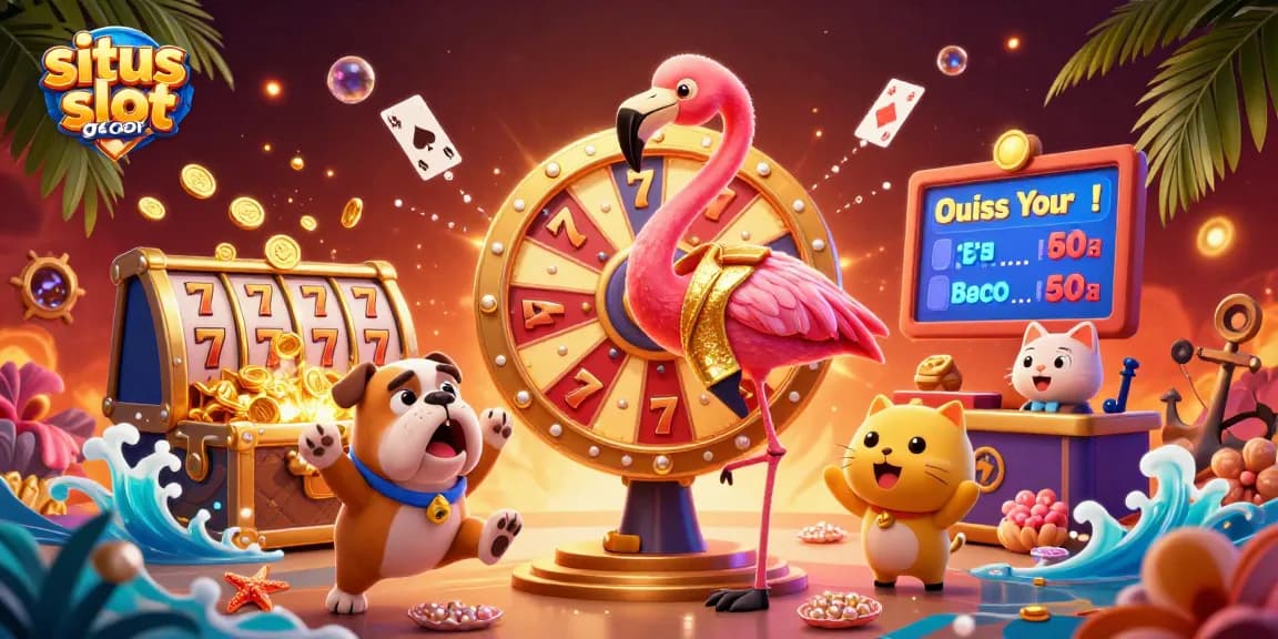 Engaging illustration showcasing situs slot gacor with flamingo host, bulldog contestant, and prize scoreboard in vibrant casino scene.