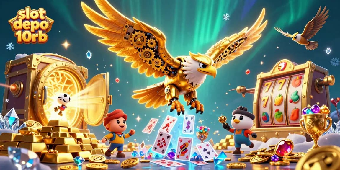 Spin to win big with slot depo 10rb, an exciting cybernetic casino scene full of treasures.