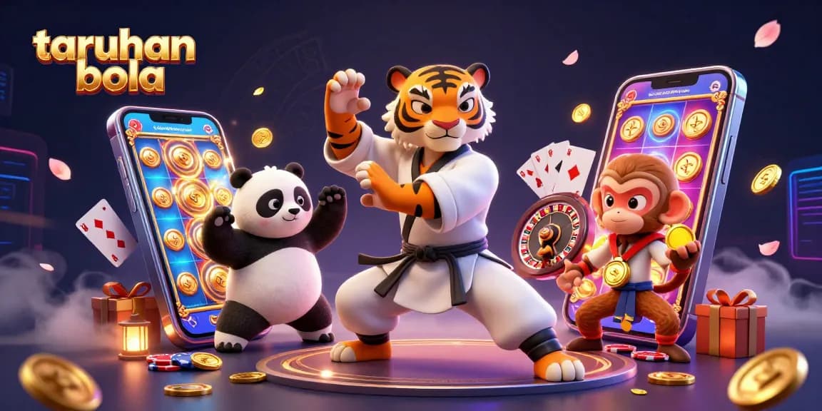Engage in taruhan bola excitement with a kung fu tiger, panda, and monkey amidst dynamic casino elements