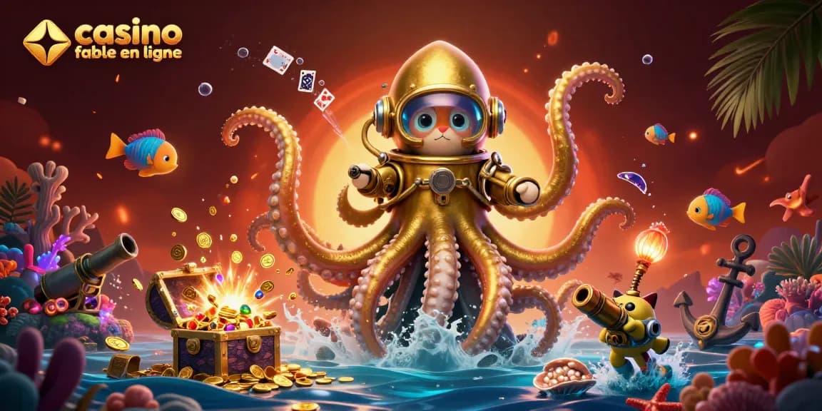 Découvrez les éléments captivants du casino fiable en ligne avec un kraken et des trésors sous-marins.