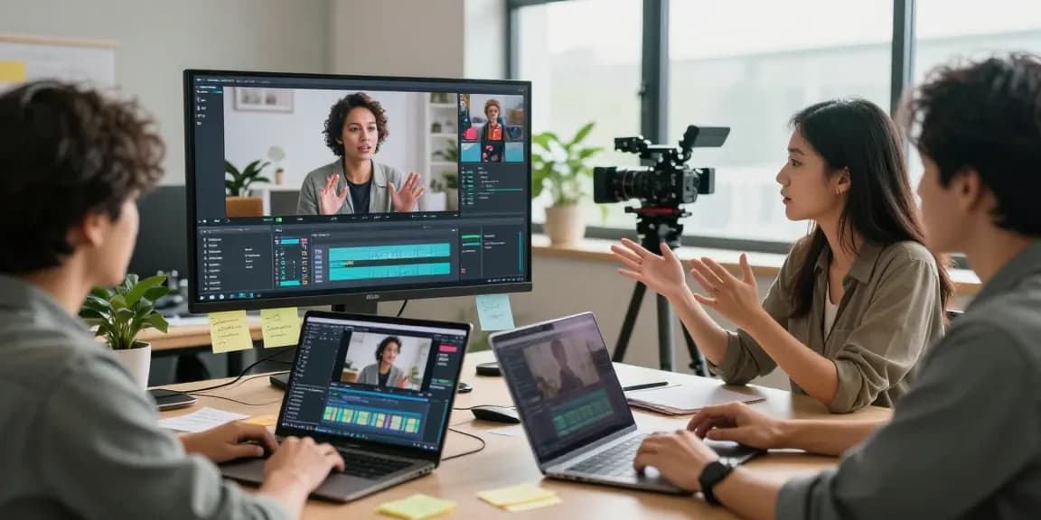 Professional analyzing video to prompt with team collaboration in a vibrant workspace.