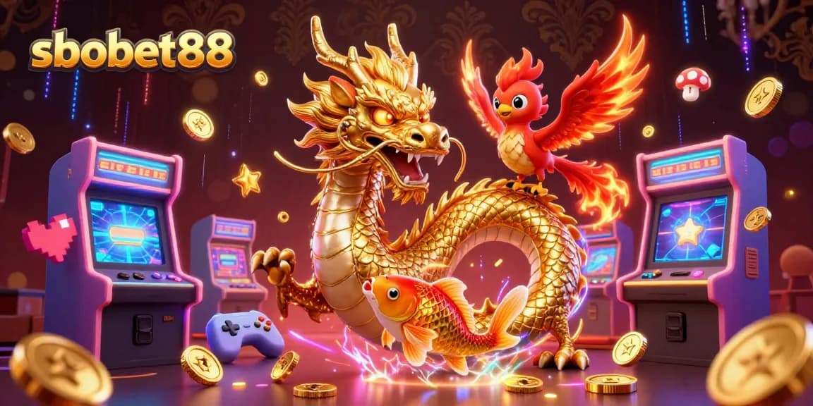 Experience sbobet88 action with a fierce dragon, phoenix, and koi fish amidst vibrant casino elements.