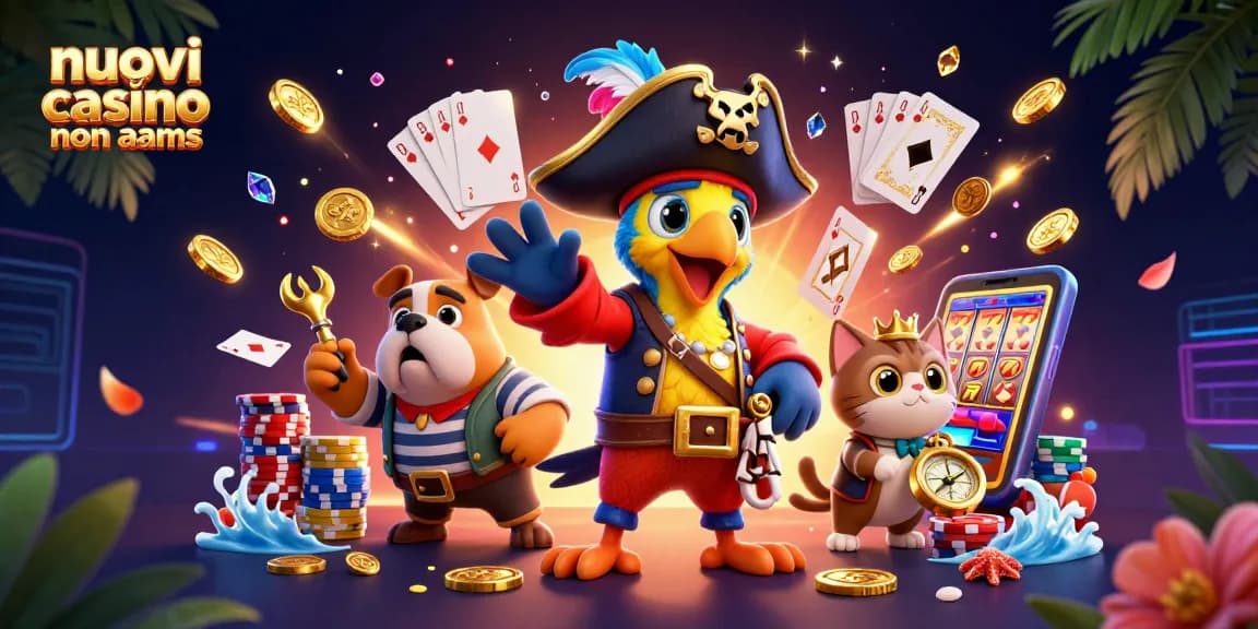 Gioca sui nuovi casino non AAMS con slot e jackpot, circondato da gemme e monete volanti.