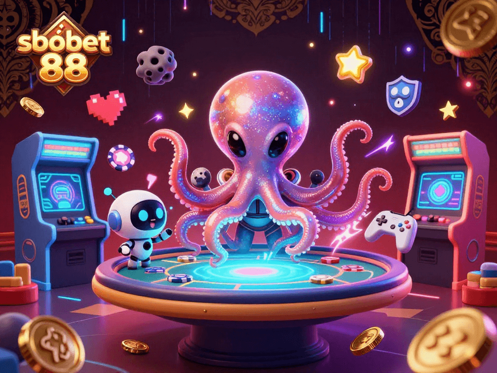 Engage with sbobet 88 as an alien octopus explores an intergalactic casino with holographic elements.