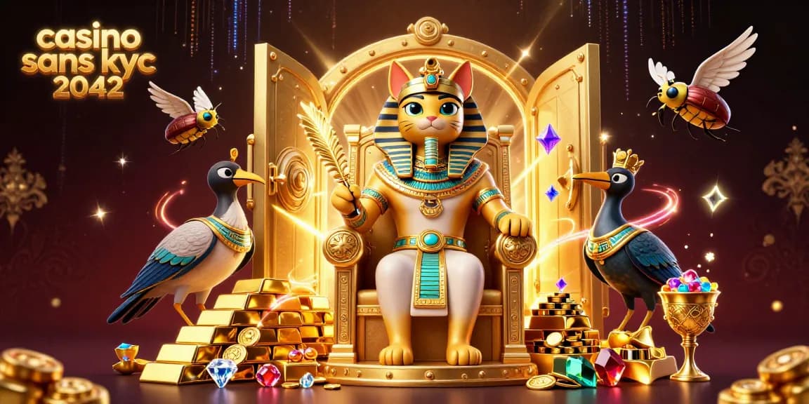 Casino sans kyc 2042 : Le jeu d'argent débridé avec des trésors scintillants et des personnages égyptiens.