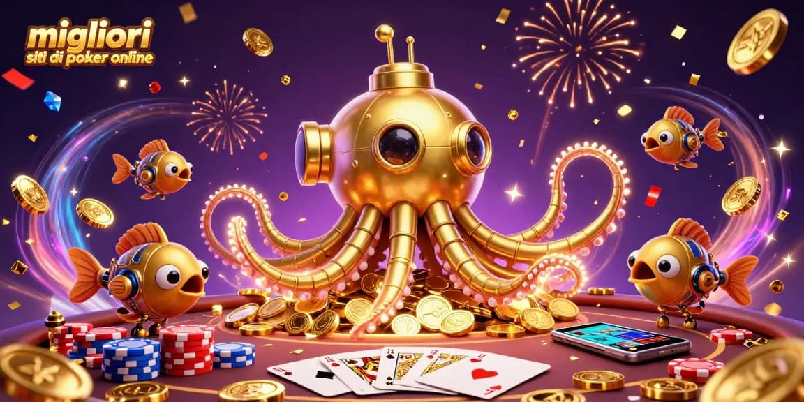 Sfida emozionante ai migliori siti di poker online, con mazzi di carte e gettoni colorati in un ambiente festoso.