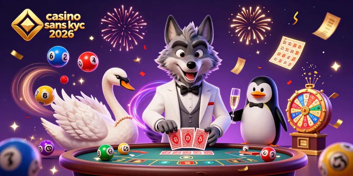 Gagnez au casino sans KYC 2026 avec des personnages animés autour d'une table de baccarat.