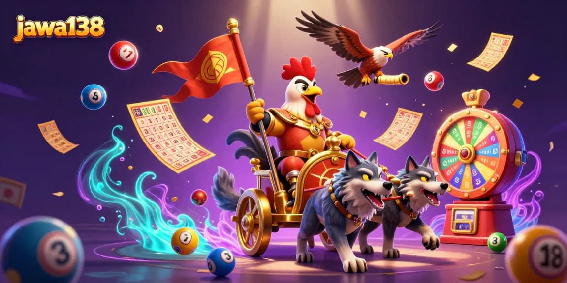 Engage with jawa138's vibrant casino universe filled with lottery balls, golden tickets, and a heroic rooster.
