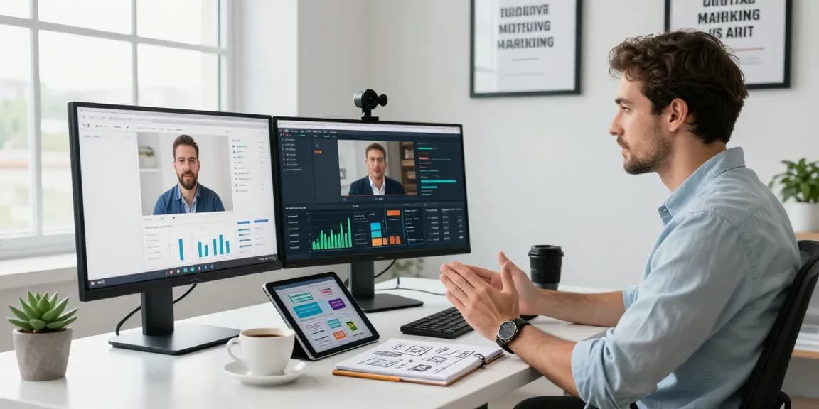 Marketing strategist analyzing raja 328 campaign data in a modern office with multiple screens and motivational decor.