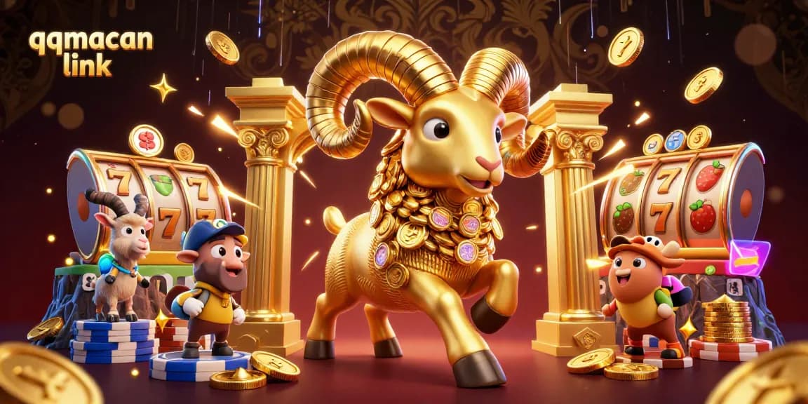 Experience thrilling wins with the qqmacan link featuring a golden ram charging through a dynamic casino scene.