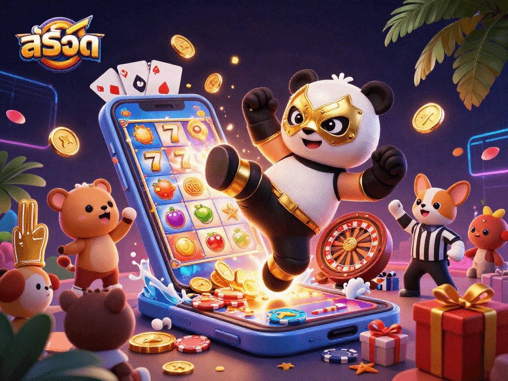 Engaging scene of a panda wrestler and chihuahua referee illustrating สล็อต slot excitement with vibrant casino elements.