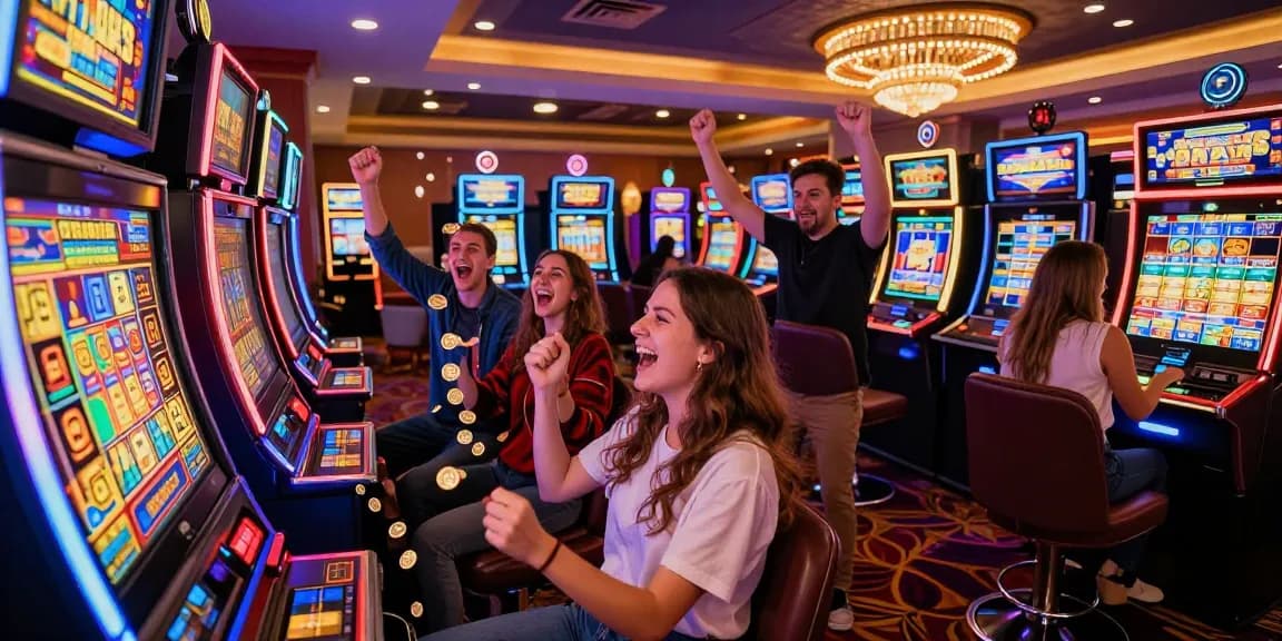 Slot mesin dengan pemenang merayakan kemenangan di kasino, penuh semangat dan keceriaan.