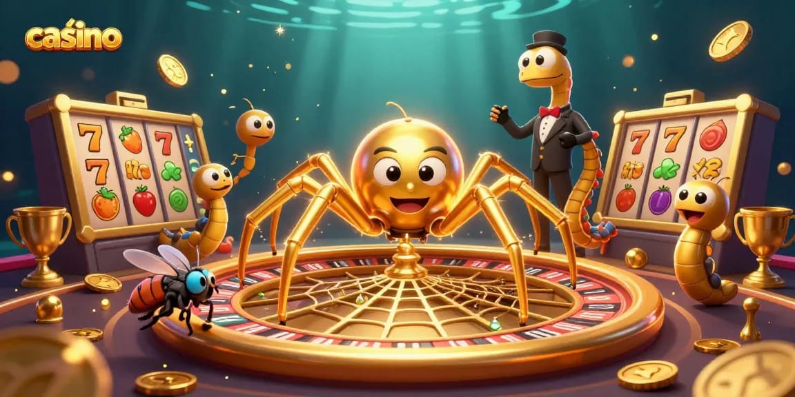 Experience thrilling bets in a vibrant casino scene featuring a golden spider and spinning slot reels.