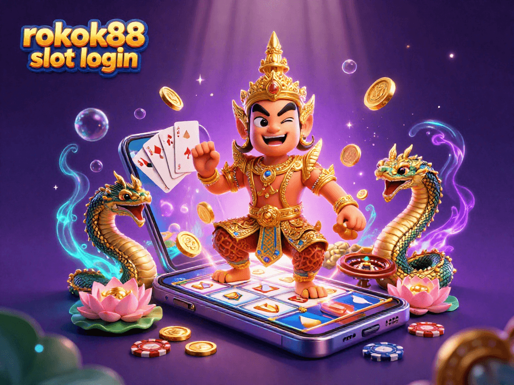 Experience exciting gaming with rokok88 slot login in this vibrant 3D casino scene.