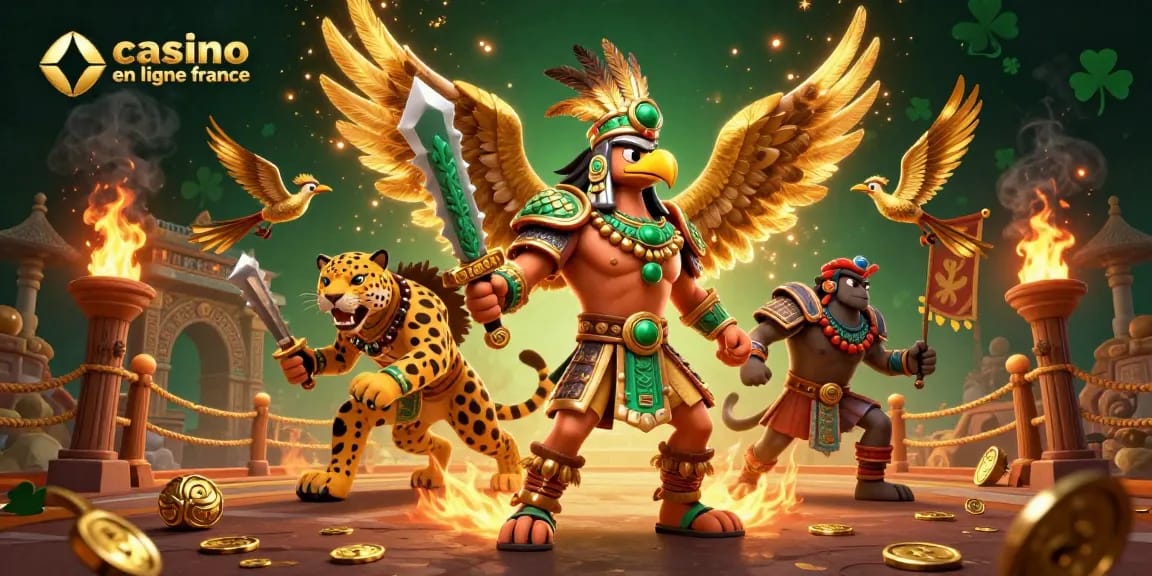 Interagissez avec l'atmosphère dynamique du casino en ligne France mettant en vedette un guerrier aztèque et des éléments de jeu.