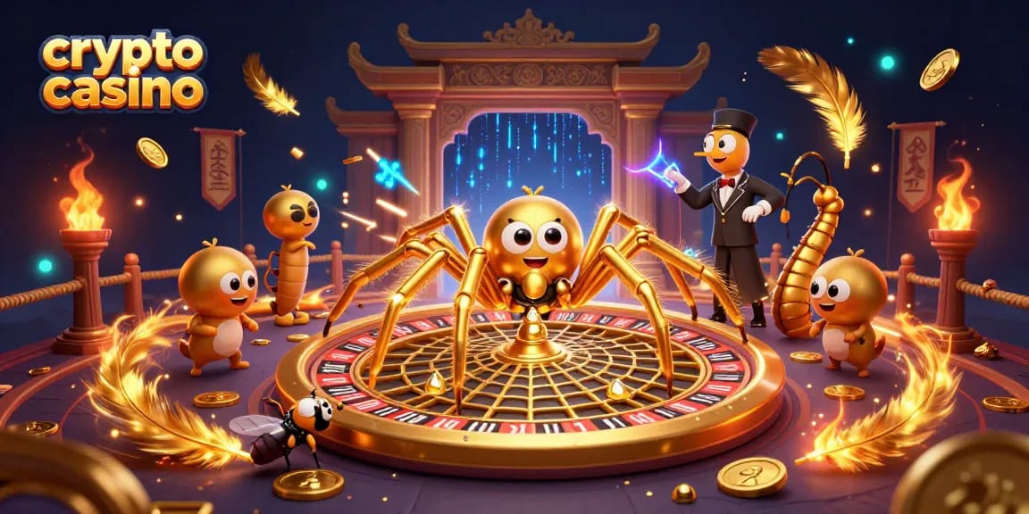 Jouez au crypto casino avec le dynamisme de la roulette et une araignée dorée créant une toile fascinante.