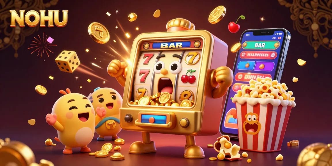 Experience the NOHU jackpot moments with vibrant golden slot machines and dynamic casino elements.